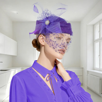 Women Bridal Fascinator with Feathers Dot Print Veil Elegant Pillbox Hats for Tea Party Wedding Church Fedoras Headscarf Bonnet