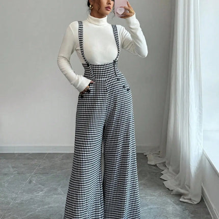 Overalls for Women's Winter Jumpsuit Black White Vintage Wide Leg Suspender Pants for Office Commute Casual Female Clothing