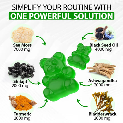Sea Moss Black Seed Oil Ashwagandha Shilajit Gummies For Energy Boost & Immunity Digestion Stress Support, Adult, 60 Gummies