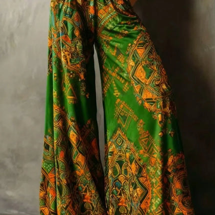 New style women's velvet wide-leg pants - high-waist, full-length, thick, soft, elastic, warm, anti-shrinkage. Green retro ethnic geometric print. Bohemian-style pocket design. Palace-style long pants suitable for festival pa