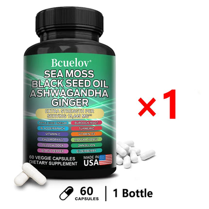 Sea Moss Complex Capsules with Ashwagandha Black Seed Oil Ginger, Daily Nutrition for Thyroid Gut Immune Skin & Joint Wellness