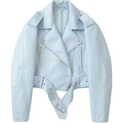 Ailegogo Spring Autumn Women Faux Pu Leather Short Jacket with Belt Motorcycle Biker Female Zipper Lapel Loose Coat Outwear
