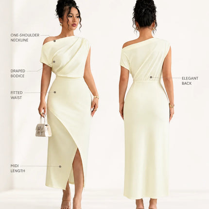 Stretchy Soft Women Off Shoulder Midi Dress, Draped Ruched Asymmetrical Wrap Split Bodycon Dress, Elegant Cocktail Party Wedding Guest Evening Formal Dresses