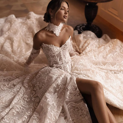 Sexy Lace Appliques Wedding Dress A-line Long Bridal Gown Customized New Detachable Sleeve Dresses For Bride