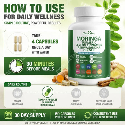 Googeer Moringa Turmeric Capsules All-in-one for Joint Health Support with Ashwagandha Ginger and Ceylon Cinnamon 60 Capsules