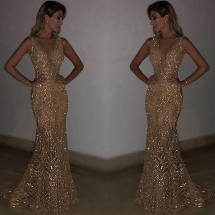 Female Clothing 2025 Annual Meeting Evening Dress Women's Long Sleeveless Sexy Deep V Neck Sequined Women Elegant Party Dresses