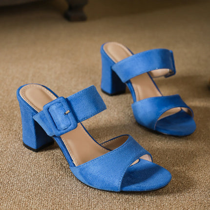2026 Women's Round Heel Mule Square buckle thick heel Sandals Insole and Cushioned Outsole for Arch Support Casual High Heels