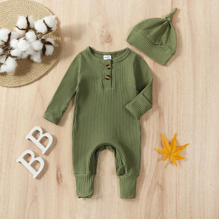 Newborn Baby Boy Clothing Outfits Solid Color Ribbed Long Sleeve Romper Jumpsuit with Hat for Infant Toddler Fall Clothes