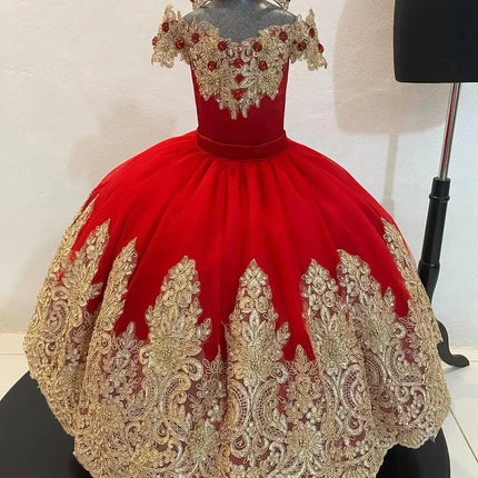 Customized Red Flower Girl Dresses For Wedding Gold Appliques Crystal Luxury Princess Formal Events Holy First Communion Gown