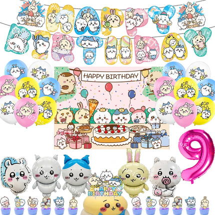 Chiikawa kawaii Happy Birthday Party Decorations Cute plate Banner Cake Topper Flag Balloons Disposable tableware Decorations