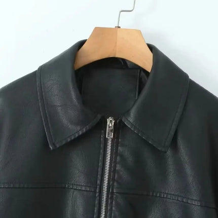 2026 Fashion Streetwear Women Retro Loose Black PU Faux Leather Jacket Spring Autumn Lady Vintage Zipper Coat Moto Biker Outwear