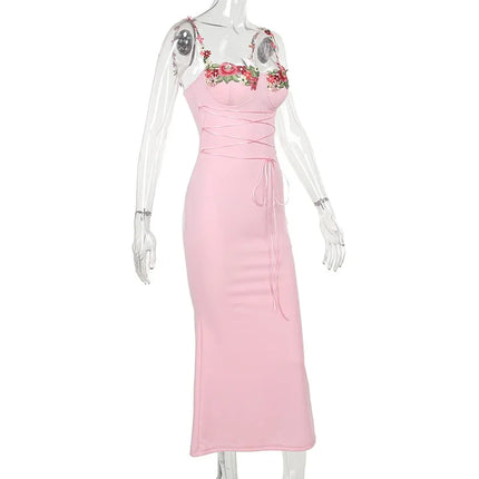 Y2K Sexy Sleeveless Backless Floral Maxi Long Dresses Outfits for Women Summer Lace Up Bandage Bodycon Party Club Dress Gift