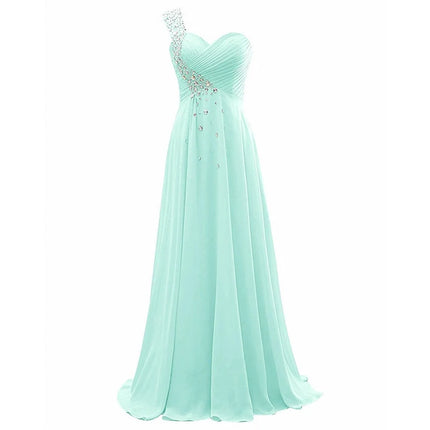 A Line Chiffon One Shoulder Bridesmaid Dresses Crystals Beading Pleat Elegant Wedding Party Formal Prom Evening Corset Back