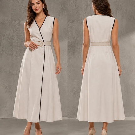 Contrast Piping Belted Wrap Midi Dress for Women, Sleeveless V‑Neck Button Detail A‑Line Linen Blend Dress for Office Business Casual Summer Wear