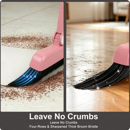 Pink 3 in 1 Broom Dustpan Set Foldable with Comb Adjustable Handle for Pet Hair Floor Cleaning