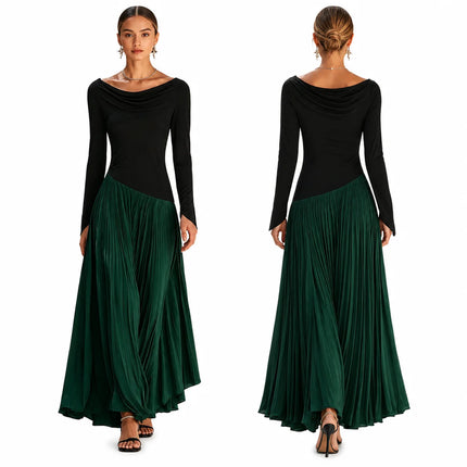 Women Draped Cowl Neck Long Sleeve Maxi Dress Asymmetrical Spliced Pleated Flowy Long Dress Elegant Cocktail Wedding Guest Formal Party Evening Dresses