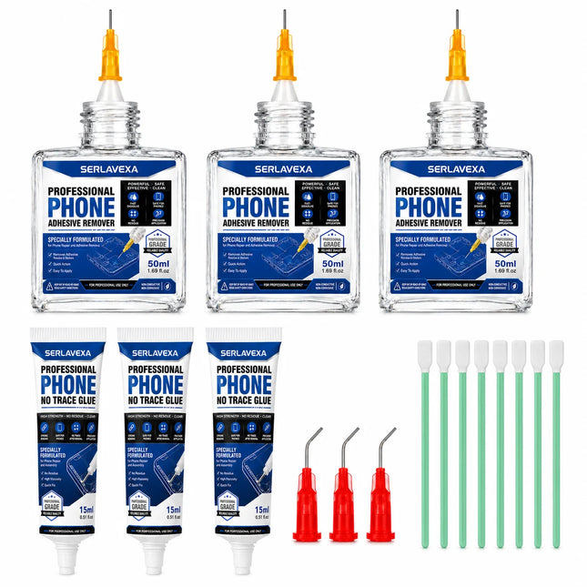 Phone Repair Glue and Adhesive Remover Kit with Precision Needle Tips and Cleaning Swabs for Screen Back Cover Frame Assembly