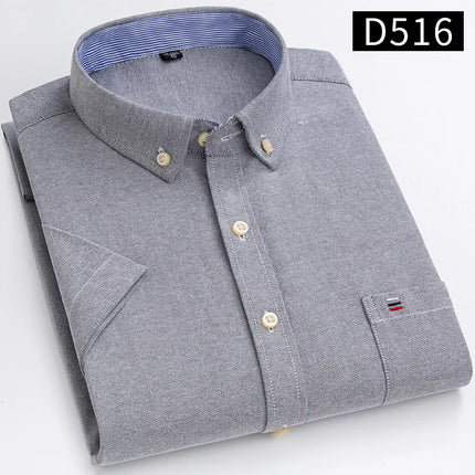 New Men's Social Shirt Short Sleeve 100% Pure Cotton Oxford Soft Buttoned Plaid Formal Male Clothes Pocket Social Shirt S-7XL