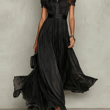 Vintage Solid Lace A-Line Long Dress Women's O Neck High Waist Pleated Party Dress Summer Short Sleeve Flowy Maxi Dresses