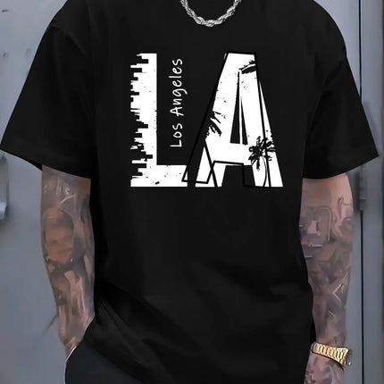 Men's summer 100 cotton fashionable casual loose plus size Los Angeles letter printed sports round neck short sleeved T-shirt