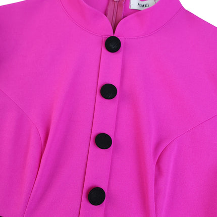 Women Elegant Church Dresses Mock Neck Long Lantern Sleeves Buttom Up ColorBlock Package Hip Party Office Ladies Business Wear