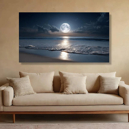 Full Moon Ocean Reflection Canvas, Night Beach Wall Art, Serene Seascape Canvas Print, Tranquil Coastal Decor, No Frame