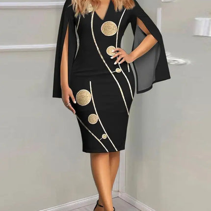 Women Round Neck Floral Print Split Flare Sleeve Bodycon Midi Dress Elegant Party Wedding Guest Dress