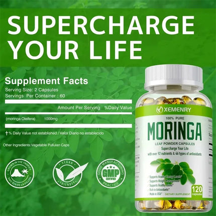 Organic Moringa Capsules - Immune System&Energy Booster - Vegetarian Supplements for Healthy Capsules