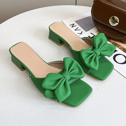 2026 Summer Square Heels Slippers Women Mules Green Butterfly-knot Slides Sandal Shoes Female Plus Big Size 45