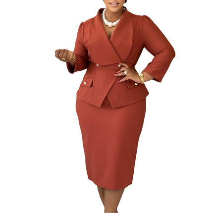 Elegant Pure Color Wrap Body African Dress C8645 Women's Fashionable Midi A- Line Skirt High Waist Long Sleeve Knitted Gown