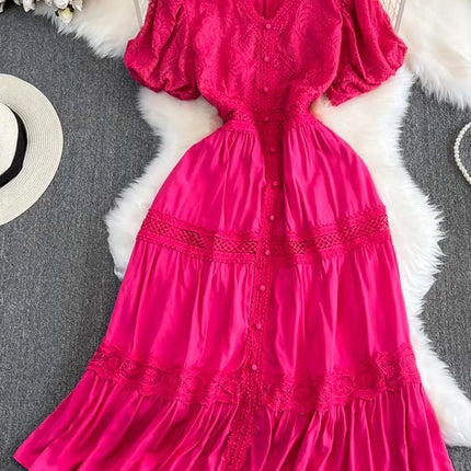 Short puff sleeve dresses Women 2025 Summer Solid V-neck Lace embroidery dress Patchwork Elegant 4D068