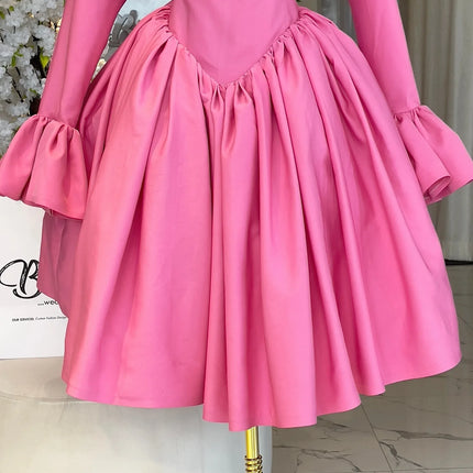 Mid Length Dress Women A Line Dresses Pleated Round Neck Casual Elegant Pink Party Vestidos High Waist Night Wedding Lace Up