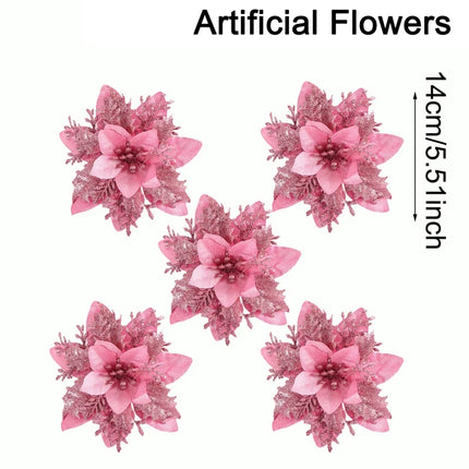 Christmas Glitter Artificial Flowers Christmas Tree Hanging Ornaments Fake Flower for Home 2026 Xmas New Year 2027 Navidad Gift