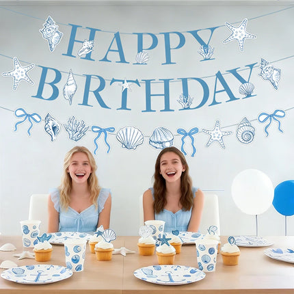 Blue Bow Starfish Seashell Happy Birthday Banner Garland Ocean Beach Under The Sea Theme Birthday Mermaid Party Decoration Favor