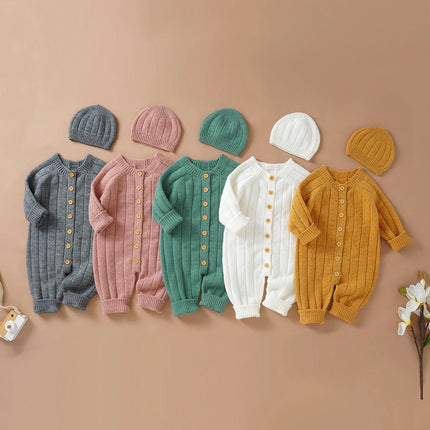 2022-06-29 Lioraitiin Infant Winter Jumpsuit and Cap, Solid Color Long Sleeve Single-breasted Knitted Romper, 0-18 Months
