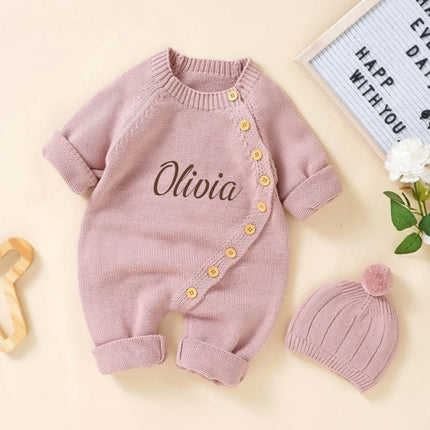 Baby Knitted Jumpsuit with Hat Custom Embroidered Name Newborn Boys Girls Birth Gift Sweater Personalized Cute Crawling Suit Set