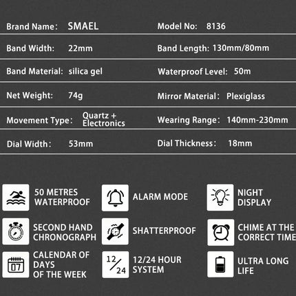 SMAEL 8136 50M Waterproof Military Watch for Men - LED Backlight Alarm Chronograph Stopwatch Shockproof Outdoor
