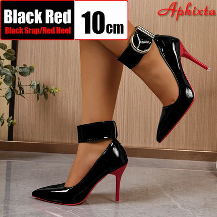 Aphixta New Arrivals 4cm Strap Metal Belt Buckle 10cm Stiletto Heels Pumps Women Party Shoes Red Black Pointed Toe Big Size 53