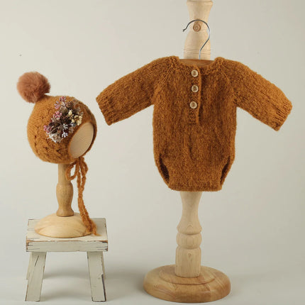 Newborn Knitted Angola Fuzzy Romper Baby Animal Outfit Photography Props Baby Cartoon Wolf Footed Overall Sets Photo Props