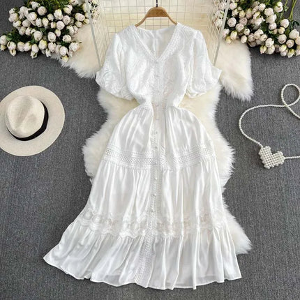 Short puff sleeve dresses Women 2025 Summer Solid V-neck Lace embroidery dress Patchwork Elegant 4D068