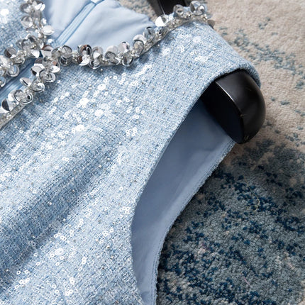 Classic Vintage Blue Sequin Beaded Tweed Sleeveless Mini Dress for Women Fall Party Cocktail Chic Elegant Trendy Casual Fashion