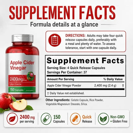 Apple Cider Vinegar Capsules 2400mg Per Serving Daily Wellness Support Non GMO Gluten Free 150 Capsules