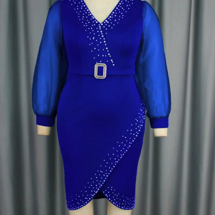 AOMEI Luxury Evening Dress V-neck Bead Belt Mesh Lantern Long Sleeve Sexy Women's Party Classy Office Ladies Wedding Guest Gowns
