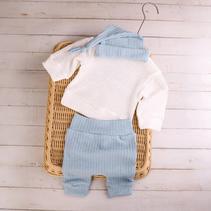 Newborn Baby 3Pcs Outfit Set ‘Hello World" Embroidery Waffle Knit Long Sleeve Top Pants Hat Infant Coming Home Clothes 0-3M