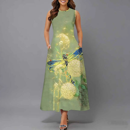 Women Sleeveless Long Maxi Dress With Pockets 3D Oil Painting Print Casual Loose Summer Vacation Party Sundress