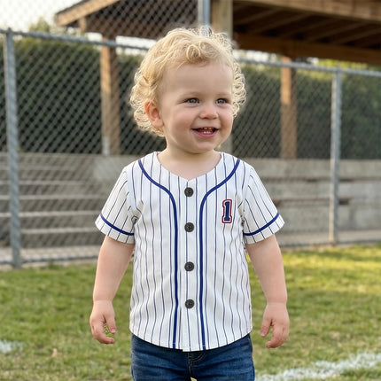 Baby Clothing Boy 1st Birthday Outfit Letter Stripe Button up Short Sleeve Baseball Jersey for Toddler Baby Summer Clothes