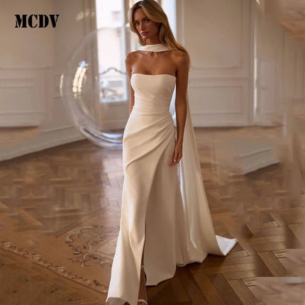 MCDV Pleat Satin Bride Gowns Strapless Mermaid Side Split Ivory Wedding Dresses 2026 Ribbons vestido de noiva civil Customized