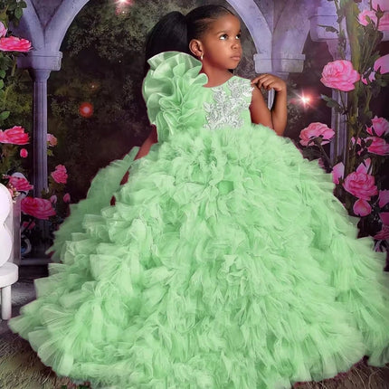 Customized Rose Pink Flower Girl Dresses Tulle Puffy White Embroidery Sleeveless For Wedding Birthday Prom Holy Communion Gowns