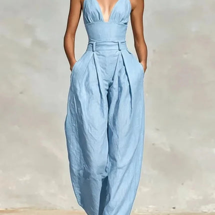Elegant Sexy V-Neck Spaghetti Strap Jumpsuit Women High Waist Wide Leg Casual Romper Spring Boho Solid Backless Pockets Overalls