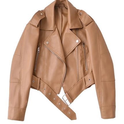Ailegogo Spring Autumn Women Faux Pu Leather Short Jacket with Belt Motorcycle Biker Female Zipper Lapel Loose Coat Outwear